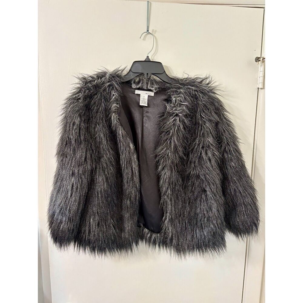 WD-NY Black & Silver Medium Faux Fur Cropped Jacket - Whimsigoth Fairy Glam